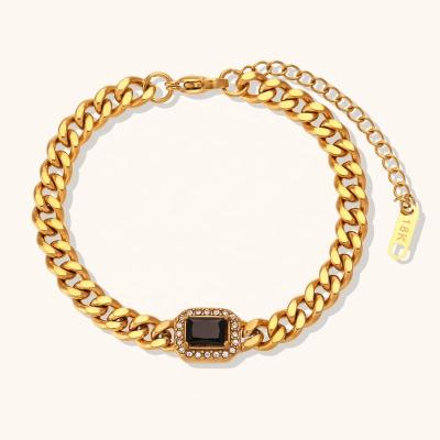 China Waterproof Cuban Link Bracelet Fashion Colorful Square Zircon 18k Gold Plated Stainless Steel Jewelry for sale