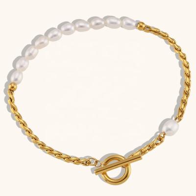 China Waterproof Wholesale Stainless Steel Bracelets Pearl Twist Chain Bracelet Freshwater Gold Plated Jewelry Bangles for sale