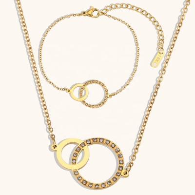 China Little Girls Waterproof New Design Bracelet and Necklace Set Gold Plated Jewelry Water Resistant Zircon Circle Pendant Necklace for sale