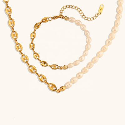 China Waterproof Unique Asymmetrical Freshwater Pearl Necklace Bracelet Pig Nose Pig Design Stainless Steel Sets Jewelry for sale