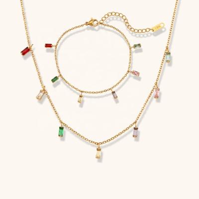 China Ding Ran Waterproof 2023 Summer Fine Jewelry Sets Tarnish Free Colorful Zircon Necklace Bracelet Set for sale