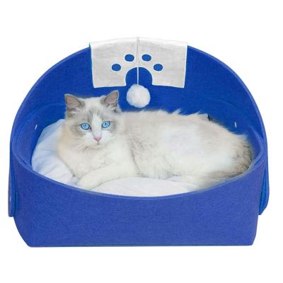 China Navy Blue Sustainable Cat Sleeping Bed Heated Felt Cat Bed Room With Soft Removable Cushion Mat For Indoor Cat Kitten Puppy for sale