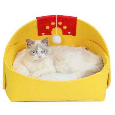 China Sustainable Yellow Heated Cat Sleeping Bed Felt Cat Bed Room With Soft Removable Cushion Mat For Indoor Cat Kitten Puppy for sale