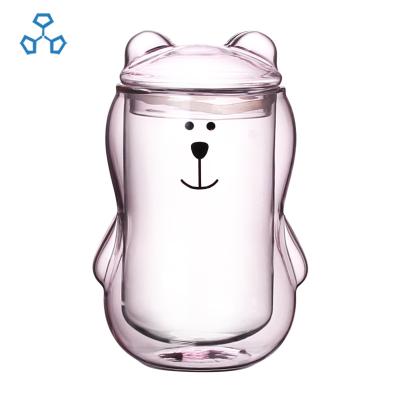 China Sustainable Pink Teddy Bear Borosilicate Glass Cup Set With Handle And Lid For Tea Coffee Juice Water for sale