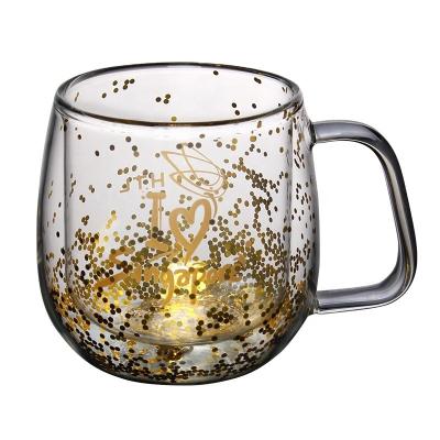 China 2020 Sustainable Double Wall Fancy Glass Coffee Mugs With Gold Glitter for sale