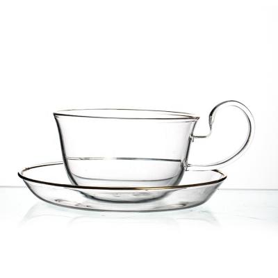 China 2021 Customs Viable Gold Handle Coffee Decor Unique Fancy Glass Cup Set With Saucer for sale