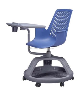 China Large Tablet and Under Basket School Student Classroom Furniture Office Training Chair Knot Base Plastic Tripod Chair with Worksurface Personal Writing Board for sale