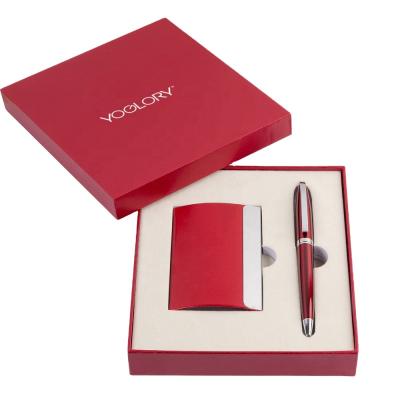 China 2021 Custom High Quality PU Leather Business Name Card Holder and Ballpoint Pen Gift Set With Custom Logo for sale