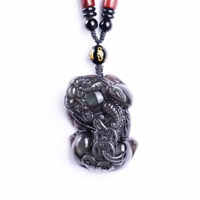 China Europe Black Obsidian Overlord PiXiu Carving Obsidian Amulet PiXiu Pendant Necklace For Woman Or Men for sale