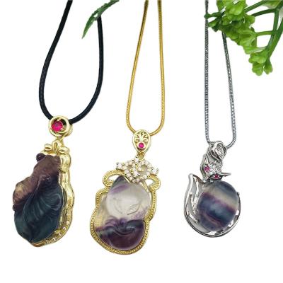 China Wholesale Natural Hand-carved Crystal Rainbow Fluorite Animal Figurines Necklace Pendant From China for sale