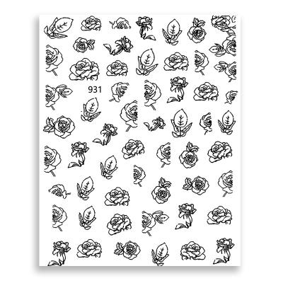 China New 931-933 Solid Color Adhesive Hollow Nail Sticker Rose Nail Sticker 3D Stereo Black and White Hand-painted Flower Sketch Paper for sale