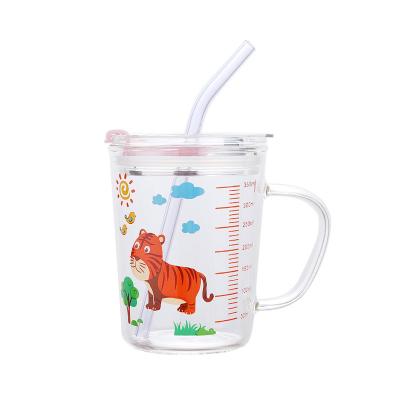 China Hot Selling Viable High Borosilicate Kids Children Cartoon Clear Measuring Cups Glass Cup With Scale Kids Milk Cup With Straws And Lid for sale