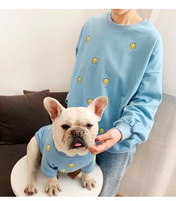 China Viable Pet And Human Matching Blue Dog Cute Clothes Pink Smile Face Embroidery Perro Ropa for sale