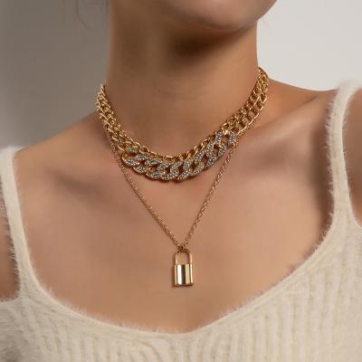 China FASHIONABLE MELLON Geometrically Layered Chain Necklace Chunky Cuban Pendant Necklace Luxury Inlaid Rhinestone Lock Jewelry for sale