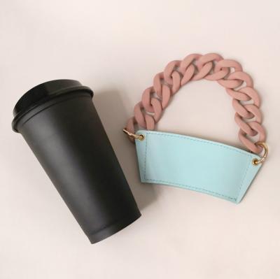 China MELLON Handmade Fashion Portable Removable Colorful PU Leather Acrylic Cellophane Chain Reusable Hot Coffee Cup Sleeve Holder for sale