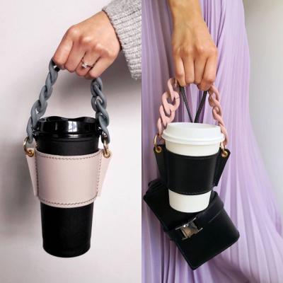 China MELLON PU Stored Fashion Acrylic Chain Coffee Mug Sleeve Removable Leather and Portable Colorful Hot Stand For Hot Mug for sale