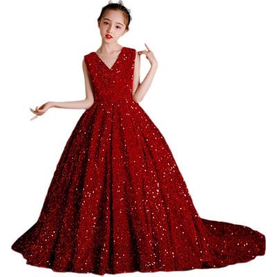 China European New Design Girls Sequin Sleeveless Bridesmaid Dresses Wedding Red Tail Dress for sale