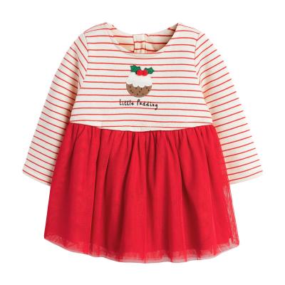 China Autumn Fashion Red Breathable Cotton Stripe Printing Long Sleeve Kids Girl Dresses for sale