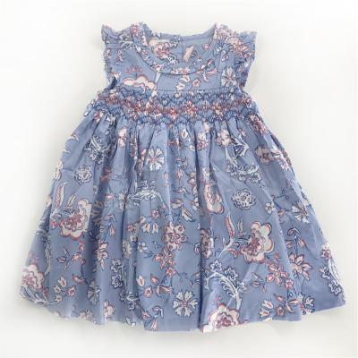 China 2021 Fashion Breathable Pure Cotton Flower Printing Sleeveless Kid Smocked Birthday Dress for sale