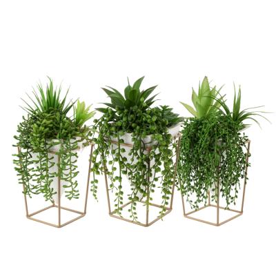 China Rustic Home Decor Artificial Ceramic Faux Succulents Pot Wall Hanging Plants With Metal Rack Planter Stand for sale