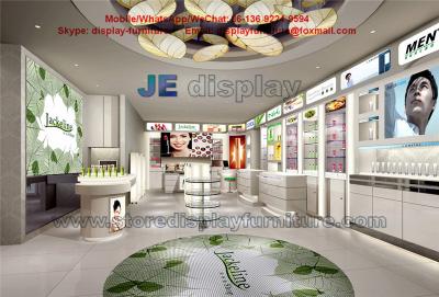 China Beauty makeup Store Interior Display Furniture by wooden Counters and Wall cabinets with Glass shelves for sale