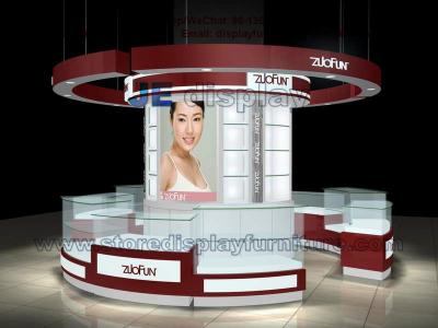 China Red color painting Cosmetic Display Kiosk with Glass Showcase and Logo in Led Light for sale