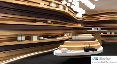 China Chinese Tea retail store interior design by wood walls as wavy lines and display counters in white painting for sale