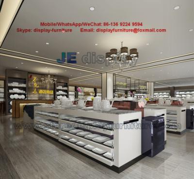 China Hotel supplies porcelain plate and bowl sales exhibition hall by white painting display counters and black metal racks for sale