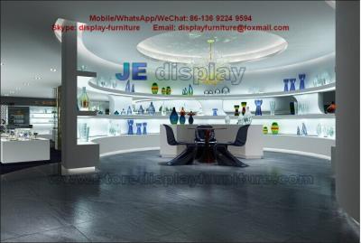 China Glass art exhibition sales store center by white stand and wall cabinet in LED light glossy for sale