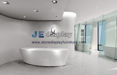 China Modern Office interior design by Bespoke Pure white Arc Millwork reception counter with Green glass screen for sale