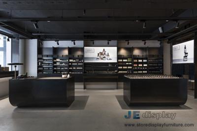 China Korea Makeup room interior design Black ash Wood display wall with Shelves and Retail store counters for sale