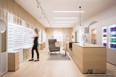 China Raw wood wind of Interior Design for Eye Glasses shop by Natural oak wood Display Counters and White Storage Cabinets for sale