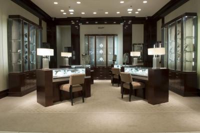 China Jewelry display counters and wall Cabinets made by Walnut wood with Glass cube in LED light for sale