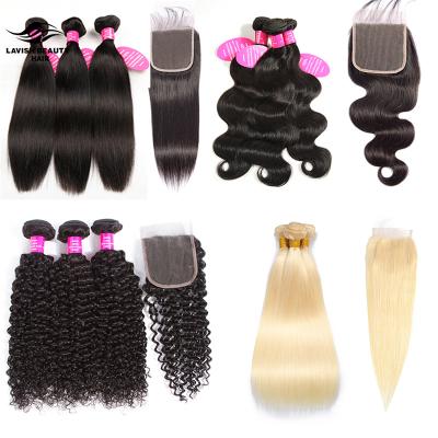 China Top Seller Brazilian Virgin Hair Lavishbeauty RTS Raw Virgin Hair Bundle With Closure 100% Hair Extension Unprocessed Cuticle Aligned Hair for sale