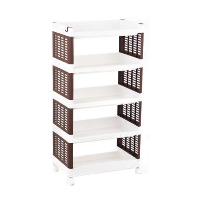 China Vegetable Stored Kitchen Fruit Display Stand Plastic Movable 4 Rack Rack Storage Shelf On Wheel for sale