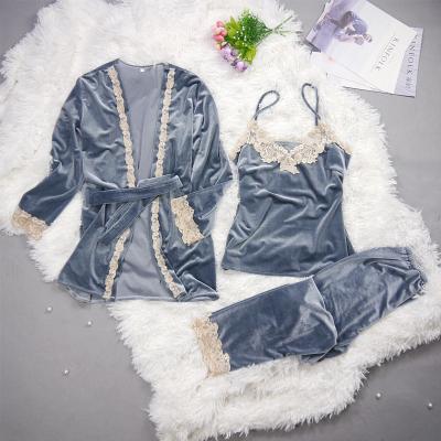 China Breathable Women Autumn Winter Warm Pajamas Set Sleep Set Deep Gold Velvet Homewear Pijama Women Pants Long Robe Set Women for sale