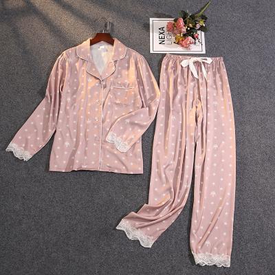 China Other Women's Summer Two Piece Suit Pajamas Ice Silk Satin Outwear Lightly Printing Lace Pajamas for sale