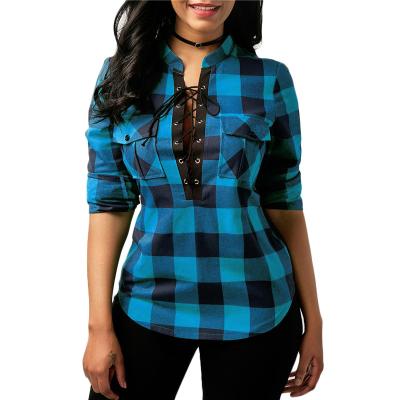 China Anti-pilling 2018 best selling products in USA plaid check long sleeve v neck lace up plus size woman lady shirt for sale