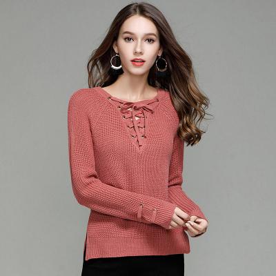 China Women Anti-Shrink Long Sheath Fashion Pullovers V-Neck Sweaters Knitwear Lady Slim Solid Casual Sweater Side Slit for sale