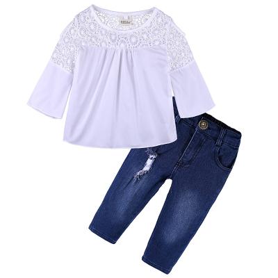 China Kids Girls Casual Fall Outfits Clothes For 2-7 Years Kids Lace Up Flower Shirt Tops And Hole Jeans Pants Sets for sale