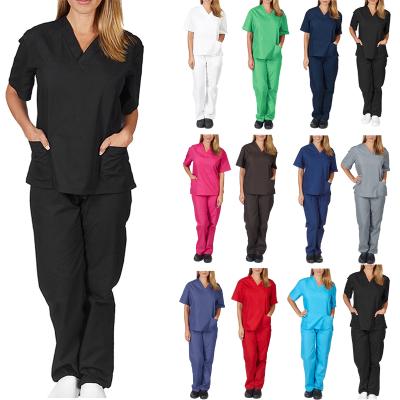 China Hospital Solid Color Simple V-Neck Sleeve Short Pants Scrubs Nurse Uniform Suit for sale