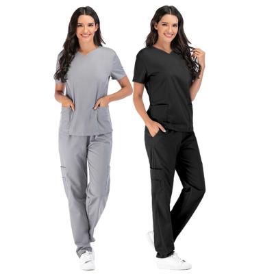 China Simple Slim Short Sleeve V-neck Pocket Hospital Solid Color Uniform Suit for sale