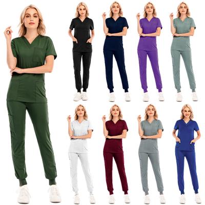 China Hospital Pants Slim Stretch V-Neck Sleeve Pocket Pencil Bag Jogging Short Pants Nurses Uniform Suit for sale