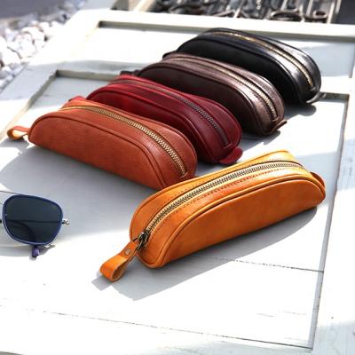 China Retro Zipper Pencil Case Crazy Horse Long Leather Zipper Kids Leather Pencil Case Diaper School Pencil Case Leather Bag First for sale