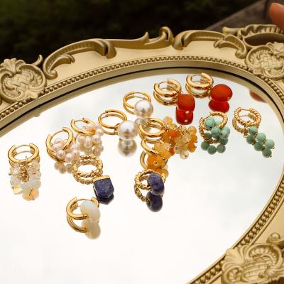 China Korean Vintage Women's Fashion Jewelry Circle Earrings Set Mixed Designs Jade Opal Pearl Quartz Lapis Earrings Set for sale