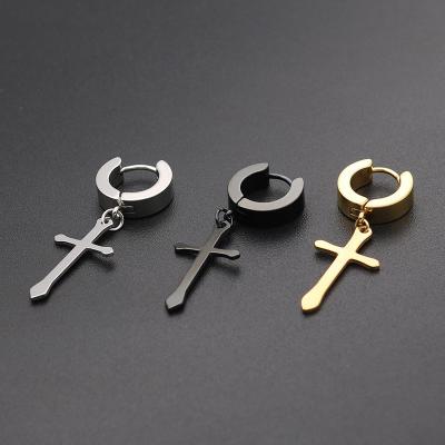 China Hiphop Style 3 Colors Hip Hop Punk Circle Dangle Stainless Steel Hinged Cross Earrings For Men for sale