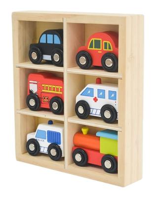 China Eco-Friendly Montessori Toy 6pcs Mini Wooden Train Cars Cabs Preschool Ambulance in Box for Kids Children Toddlers zu verkaufen