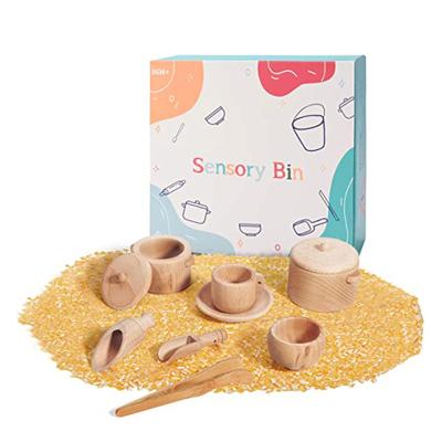 China Other Education Toys 11 Pieces Sensory Bin Factory Montessori Toys Wooden Toys Mini Wooden Dish Scoops and Wooden Tongs for Fine Motor Learning for sale