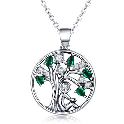 China Fashion Popular Personalized S925 Sterling Silver Tree of Life Inlaid Pendant Necklace with Green Cubic Zirconia Hollow Necklace for Ladies for sale