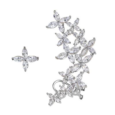 China Fine Vintage Jewelry Platinum Plated Geometric Asymmetry 5A CZ Crystal Flower Cuff Earrings 925 Sterling Silver Romantic Elegant Lady for sale